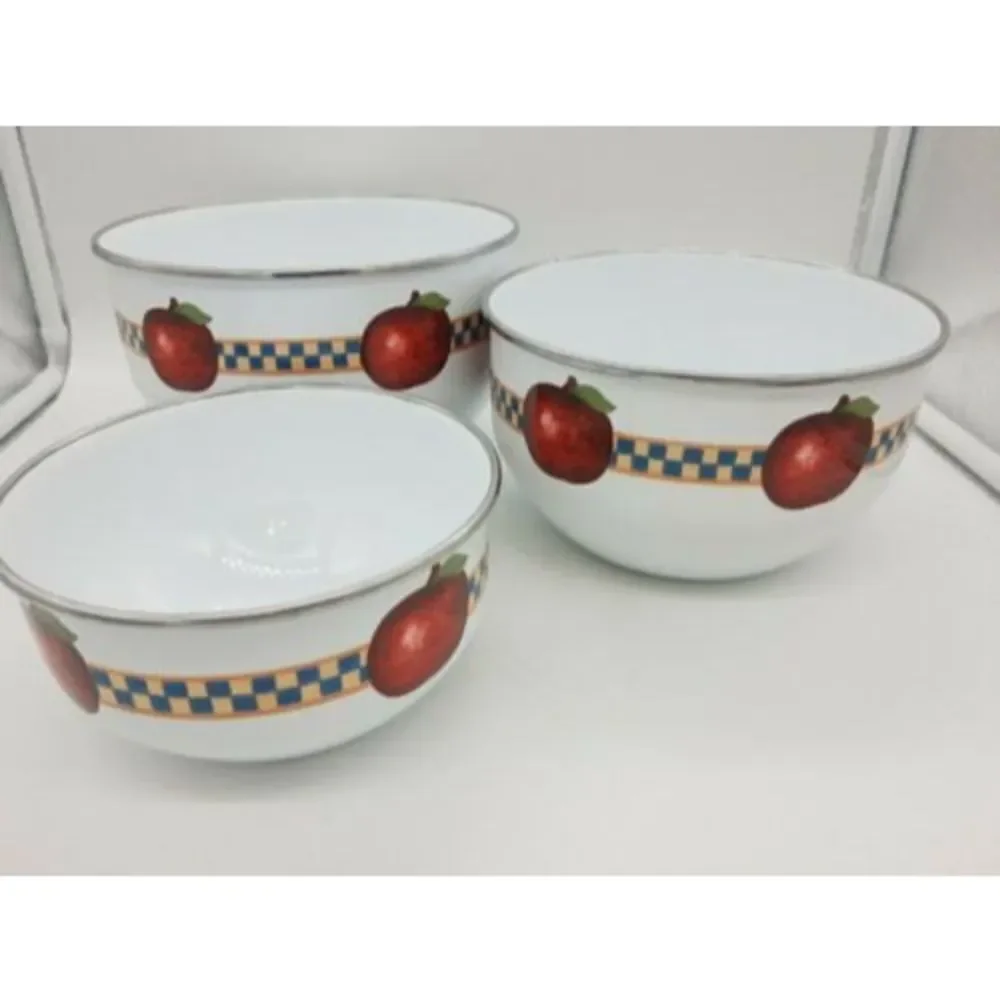 Set of 3 Retro Enamel Metal Nesting Bowls - Fruit Apples Checkered 🍎🍏